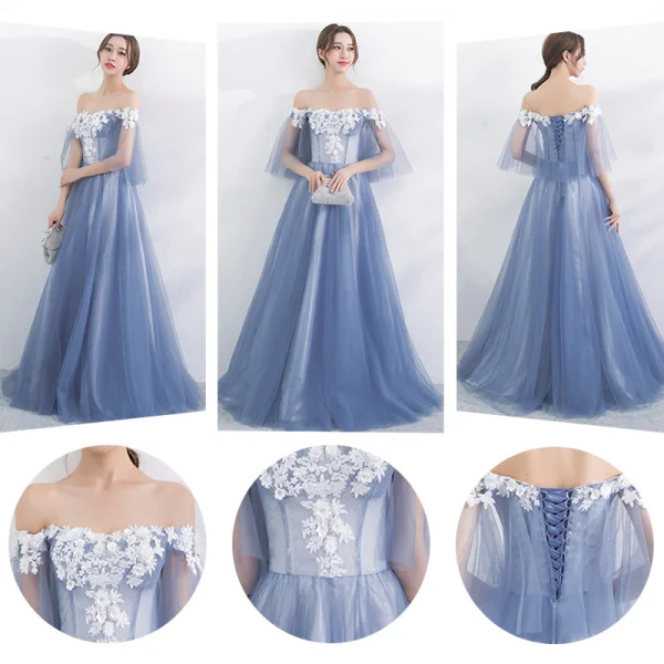 Chic / Beautiful Sky Blue Bridesmaid Dresses 2017 A-Line / Princess High Neck Short Sleeve Appliques Lace Floor-Length / Long Backless Wedding Party Dresses