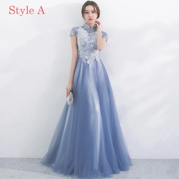 Chic / Beautiful Sky Blue Bridesmaid Dresses 2017 A-Line / Princess High Neck Short Sleeve Appliques Lace Floor-Length / Long Backless Wedding Party Dresses