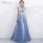 Chic / Beautiful Sky Blue Bridesmaid Dresses 2017 A-Line / Princess High Neck Short Sleeve Appliques Lace Floor-Length / Long Backless Wedding Party Dresses