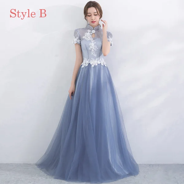 Chic / Beautiful Sky Blue Bridesmaid Dresses 2017 A-Line / Princess High Neck Short Sleeve Appliques Lace Floor-Length / Long Backless Wedding Party Dresses