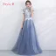 Chic / Beautiful Sky Blue Bridesmaid Dresses 2017 A-Line / Princess High Neck Short Sleeve Appliques Lace Floor-Length / Long Backless Wedding Party Dresses