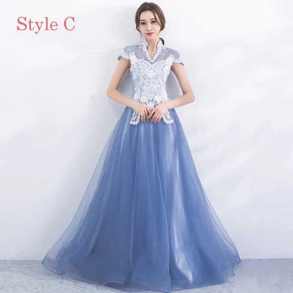 Chic / Beautiful Sky Blue Bridesmaid Dresses 2017 A-Line / Princess High Neck Short Sleeve Appliques Lace Floor-Length / Long Backless Wedding Party Dresses
