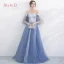 Chic / Beautiful Sky Blue Bridesmaid Dresses 2017 A-Line / Princess High Neck Short Sleeve Appliques Lace Floor-Length / Long Backless Wedding Party Dresses