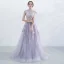 Élégant Lavande Robe De Soirée 2017 Princesse Col Haut Manches Courtes Appliques En Dentelle Train De Balayage Volants Percé Robe De Ceremonie