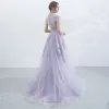 Elegant Lavender Evening Dresses  2017 A-Line / Princess High Neck Short Sleeve Appliques Lace Sweep Train Ruffle Pierced Formal Dresses