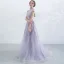 Élégant Lavande Robe De Soirée 2017 Princesse Col Haut Manches Courtes Appliques En Dentelle Train De Balayage Volants Percé Robe De Ceremonie