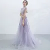 Elegant Lavender Evening Dresses  2017 A-Line / Princess High Neck Short Sleeve Appliques Lace Sweep Train Ruffle Pierced Formal Dresses