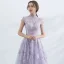 Élégant Lavande Robe De Soirée 2017 Princesse Col Haut Manches Courtes Appliques En Dentelle Train De Balayage Volants Percé Robe De Ceremonie