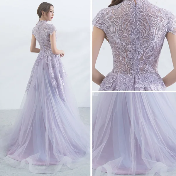 Élégant Lavande Robe De Soirée 2017 Princesse Col Haut Manches Courtes Appliques En Dentelle Train De Balayage Volants Percé Robe De Ceremonie