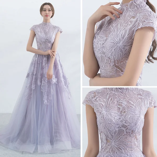 Élégant Lavande Robe De Soirée 2017 Princesse Col Haut Manches Courtes Appliques En Dentelle Train De Balayage Volants Percé Robe De Ceremonie