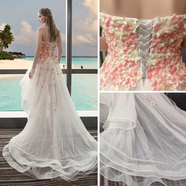 Fine Champagne Strand Brudekjoler 2017 Prinsesse Kjæreste Uten Ermer Appliques Blomst Asymmetrisk Buste Ryggløse