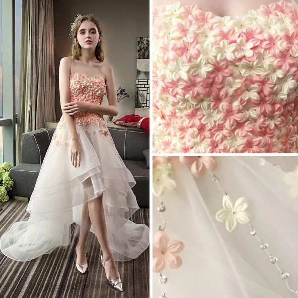 Fine Champagne Strand Brudekjoler 2017 Prinsesse Kjæreste Uten Ermer Appliques Blomst Asymmetrisk Buste Ryggløse