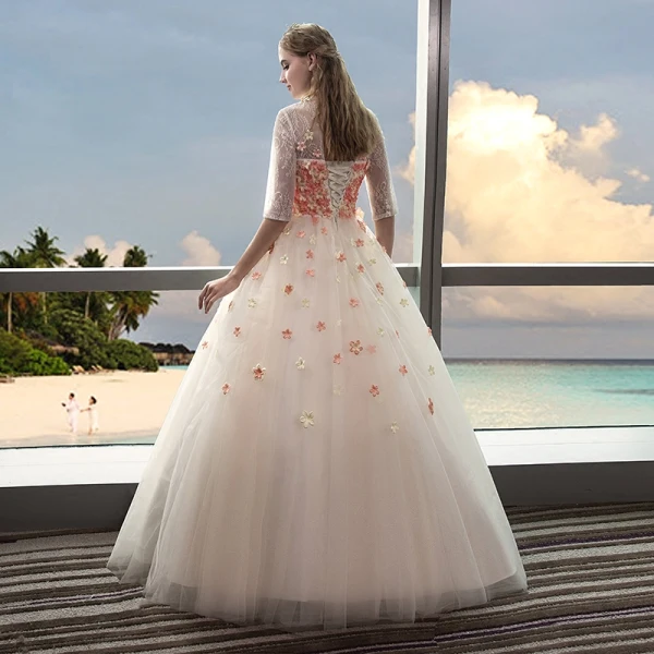 Vintage Outdoor / Garden Champagne Wedding Dresses 2017 Ball Gown High Neck 1/2 Sleeves Backless Appliques Flower Rhinestone Floor-Length / Long