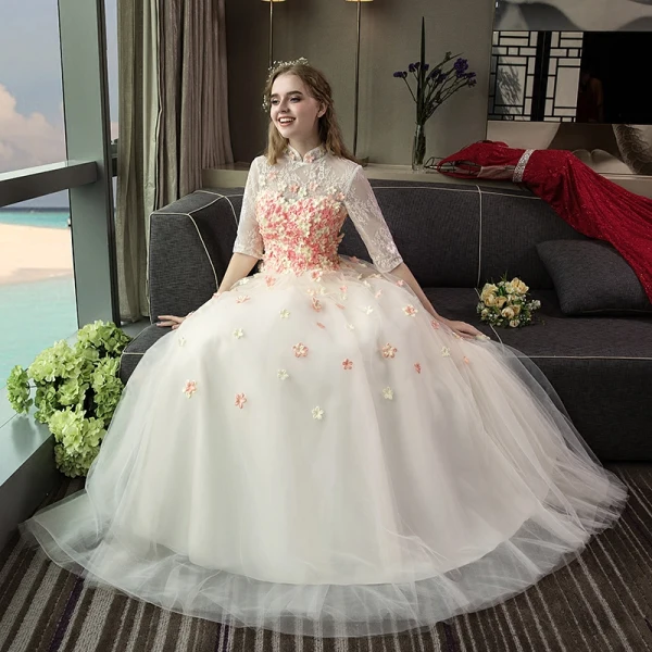 Vintage Outdoor / Garden Champagne Wedding Dresses 2017 Ball Gown High Neck 1/2 Sleeves Backless Appliques Flower Rhinestone Floor-Length / Long