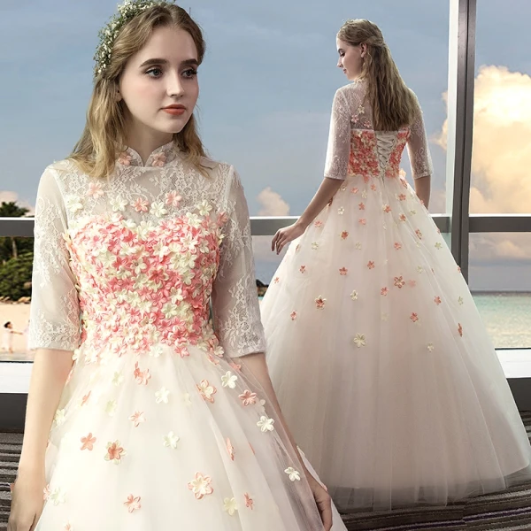 Vintage Outdoor / Garden Champagne Wedding Dresses 2017 Ball Gown High Neck 1/2 Sleeves Backless Appliques Flower Rhinestone Floor-Length / Long