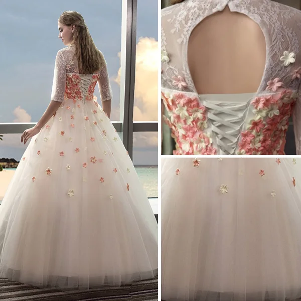 Vintage Outdoor / Garden Champagne Wedding Dresses 2017 Ball Gown High Neck 1/2 Sleeves Backless Appliques Flower Rhinestone Floor-Length / Long