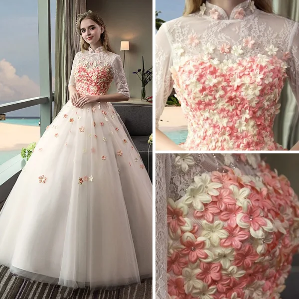 Vintage Outdoor / Garden Champagne Wedding Dresses 2017 Ball Gown High Neck 1/2 Sleeves Backless Appliques Flower Rhinestone Floor-Length / Long
