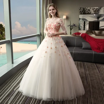 Chic Beautiful Outdoor Garden Champagne Wedding Dresses 2017 Ball Gown Pierced Scoop Neck 3 4 Sleeve Backless Appliques Flower Rhinestone Floor Length Long