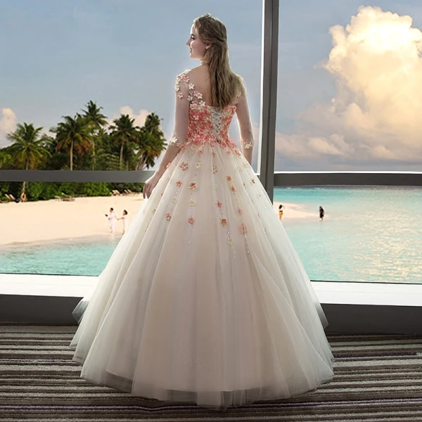 Chic / Beautiful Outdoor / Garden Champagne Wedding Dresses 2017 Ball Gown Pierced Scoop Neck 3/4 Sleeve Backless Appliques Flower Rhinestone Floor-Length / Long