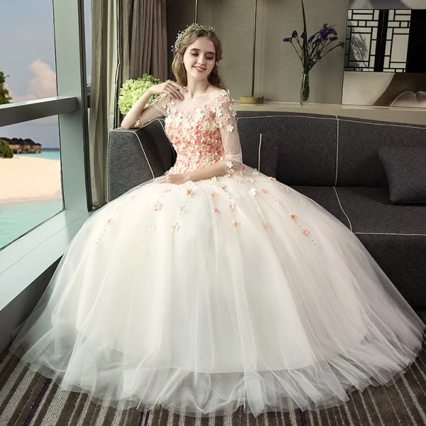 Chic / Beautiful Outdoor / Garden Champagne Wedding Dresses 2017 Ball Gown Pierced Scoop Neck 3/4 Sleeve Backless Appliques Flower Rhinestone Floor-Length / Long