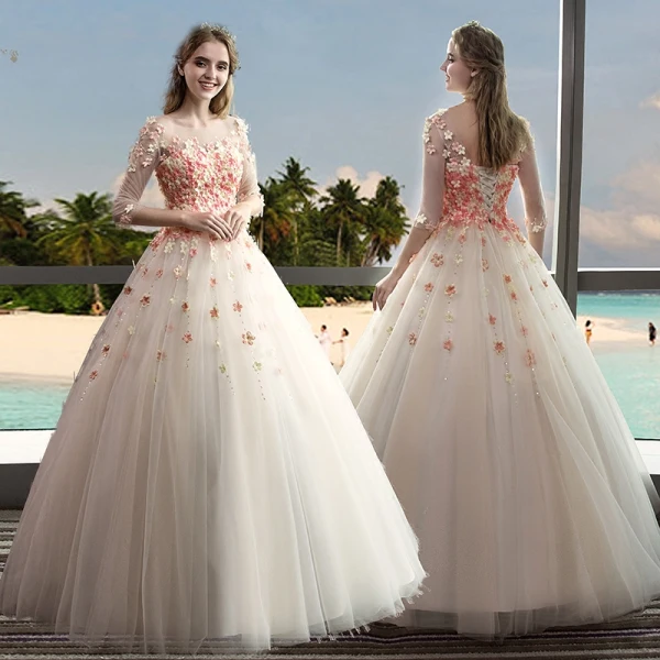 Chic / Beautiful Outdoor / Garden Champagne Wedding Dresses 2017 Ball Gown Pierced Scoop Neck 3/4 Sleeve Backless Appliques Flower Rhinestone Floor-Length / Long