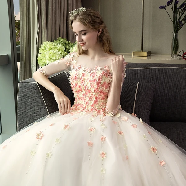 Chic / Beautiful Outdoor / Garden Champagne Wedding Dresses 2017 Ball Gown Pierced Scoop Neck 3/4 Sleeve Backless Appliques Flower Rhinestone Floor-Length / Long