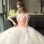Chic / Beautiful Outdoor / Garden Champagne Wedding Dresses 2017 Ball Gown Pierced Scoop Neck 3/4 Sleeve Backless Appliques Flower Rhinestone Floor-Length / Long