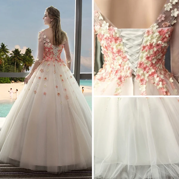 Chic / Beautiful Outdoor / Garden Champagne Wedding Dresses 2017 Ball Gown Pierced Scoop Neck 3/4 Sleeve Backless Appliques Flower Rhinestone Floor-Length / Long