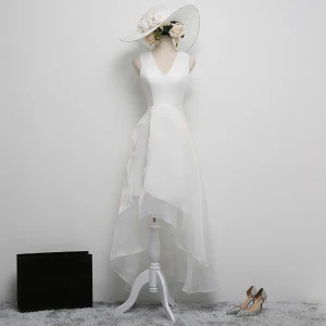 Modest Simple White Party Dresses 2017 A Line Princess V Neck Sleeveless Asymmetrical Ruffle Formal Dresses