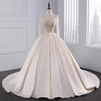 Luxe Champagne Trouwjurken 2017 Baljurk Doorboord V Hals Lange Mouwen Ruglooze Kralen Parel Rhinestone Chapel Train Ruche