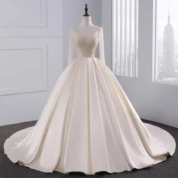 Luxury Gorgeous Champagne Wedding Dresses 2017 Ball Gown Pierced V Neck Long Sleeve Backless Beading Pearl Rhinestone Chapel Train Ruffle