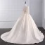 Luxury / Gorgeous Champagne Wedding Dresses 2017 Ball Gown Pierced V-Neck Long Sleeve Backless Beading Pearl Rhinestone Chapel Train Ruffle