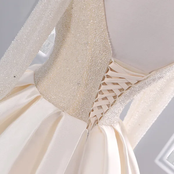 Luxury / Gorgeous Champagne Wedding Dresses 2017 Ball Gown Pierced V-Neck Long Sleeve Backless Beading Pearl Rhinestone Chapel Train Ruffle
