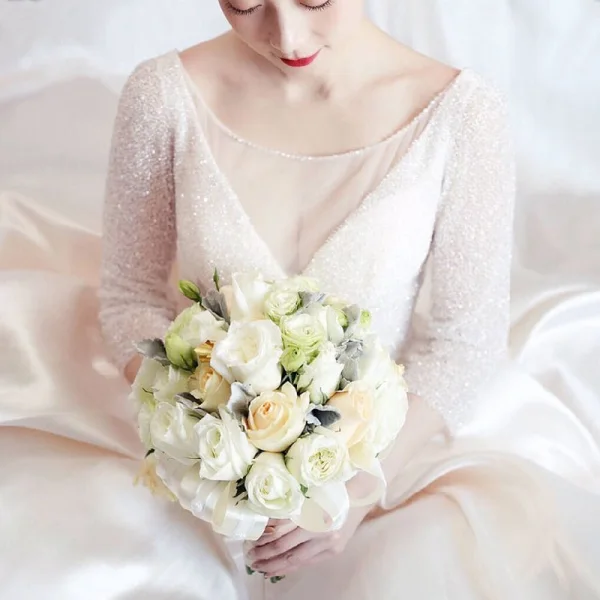 Luxury / Gorgeous Champagne Wedding Dresses 2017 Ball Gown Pierced V-Neck Long Sleeve Backless Beading Pearl Rhinestone Chapel Train Ruffle