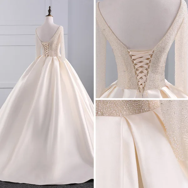 Luxury / Gorgeous Champagne Wedding Dresses 2017 Ball Gown Pierced V-Neck Long Sleeve Backless Beading Pearl Rhinestone Chapel Train Ruffle