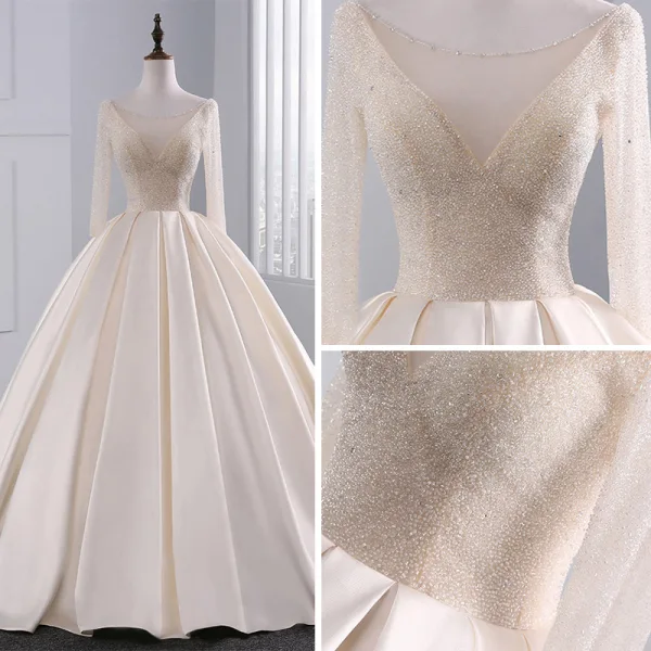 Luxury / Gorgeous Champagne Wedding Dresses 2017 Ball Gown Pierced V-Neck Long Sleeve Backless Beading Pearl Rhinestone Chapel Train Ruffle