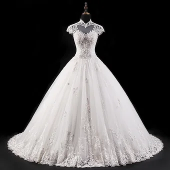 Vintage Witte Trouwjurken 2017 Baljurk Doorboord Hoge Kraag Mouwloos Ruglooze Appliques Kant Kralen Rhinestone Kristal Cathedral Train