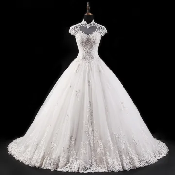 Vintage Witte Trouwjurken 2017 Baljurk Doorboord Hoge Kraag Mouwloos Ruglooze Appliques Kant Kralen Rhinestone Kristal Cathedral Train
