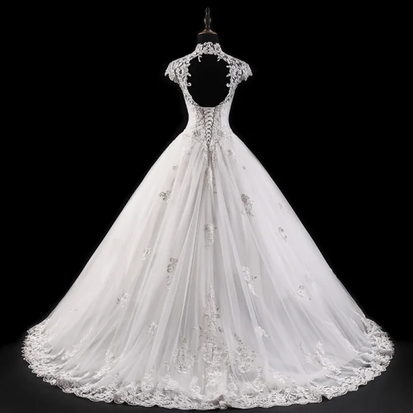 Vintage White Wedding Dresses 2017 Ball Gown Pierced High Neck Sleeveless Backless Appliques Lace Beading Rhinestone Crystal Cathedral Train