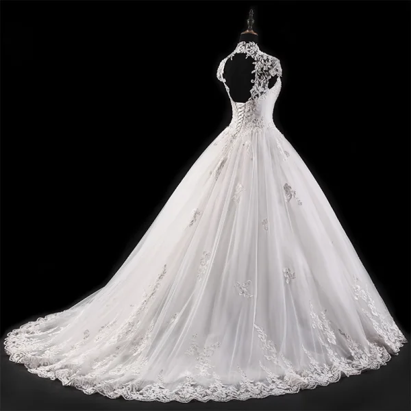 Vintage White Wedding Dresses 2017 Ball Gown Pierced High Neck Sleeveless Backless Appliques Lace Beading Rhinestone Crystal Cathedral Train