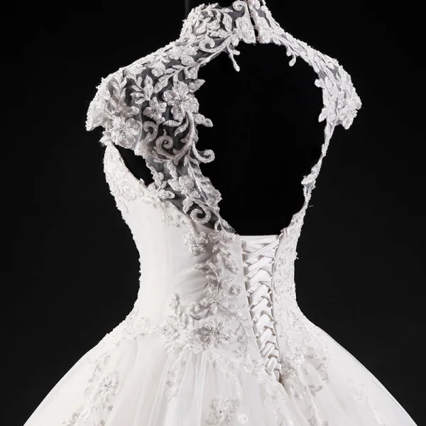Vintage White Wedding Dresses 2017 Ball Gown Pierced High Neck Sleeveless Backless Appliques Lace Beading Rhinestone Crystal Cathedral Train