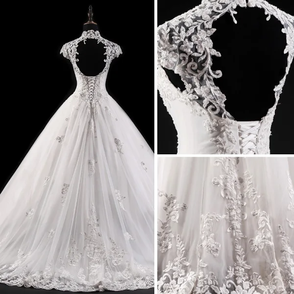 Vintage White Wedding Dresses 2017 Ball Gown Pierced High Neck Sleeveless Backless Appliques Lace Beading Rhinestone Crystal Cathedral Train