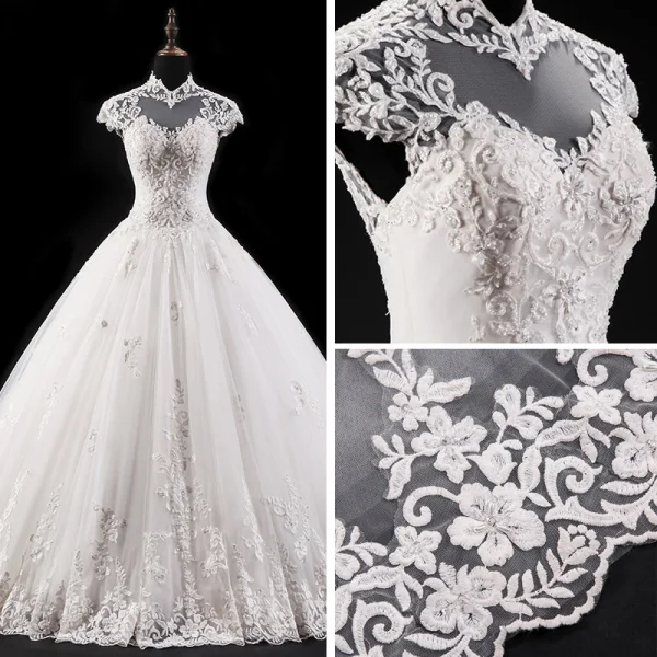 Vintage White Wedding Dresses 2017 Ball Gown Pierced High Neck Sleeveless Backless Appliques Lace Beading Rhinestone Crystal Cathedral Train