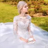 Chic / Beautiful Outdoor / Garden White Wedding Dresses 2017 Ball Gown Pierced Scoop Neck Long Sleeve Backless Appliques Flower Lace Royal Train