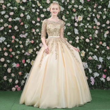 Élégant Robe De Bal 2017 En Dentelle Appliques Cristal Faux Diamant Perle Dos Nu Encolure Dégagée 3 4 Manches Longue Dorés Robe Boule
