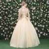 Elegant Prom Dresses 2017 Lace Appliques Crystal Rhinestone Pearl Backless Scoop Neck 3/4 Sleeve Floor-Length / Long Gold Ball Gown