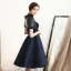 Modern / Fashion Navy Blue Homecoming Graduation Dresses 2018 A-Line / Princess High Neck See-through Short Sleeve Appliques Lace Beading Knee-Length Ruffle Backless Formal Dresses