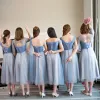 Hermoso Azul Cielo Vestidos De Damas De Honor 2018 A-Line / Princess Rhinestone Cinturón Té De Longitud Ruffle Sin Espalda Vestidos para bodas