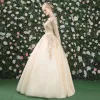 Elegant Prom Dresses 2017 Lace Appliques Crystal Rhinestone Pearl Backless Scoop Neck 3/4 Sleeve Floor-Length / Long Gold Ball Gown