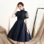 Modern / Fashion Navy Blue Homecoming Graduation Dresses 2018 A-Line / Princess High Neck See-through Short Sleeve Appliques Lace Beading Knee-Length Ruffle Backless Formal Dresses